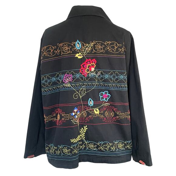 Womens Large Embroidered Blazer Jacket Floral Boho Art To Wear Artsy - Black - Picture 2 of 11